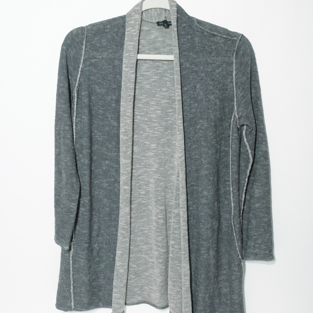Eileen Fisher Organic Cotton Linen Blend Cardigan Gray Open Front Size M